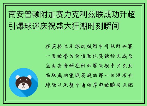 南安普顿附加赛力克利兹联成功升超引爆球迷庆祝盛大狂潮时刻瞬间