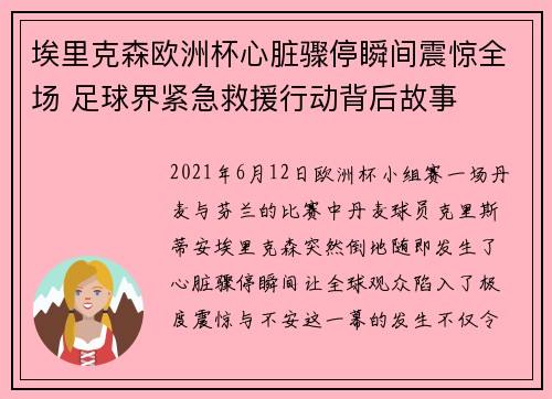 埃里克森欧洲杯心脏骤停瞬间震惊全场 足球界紧急救援行动背后故事
